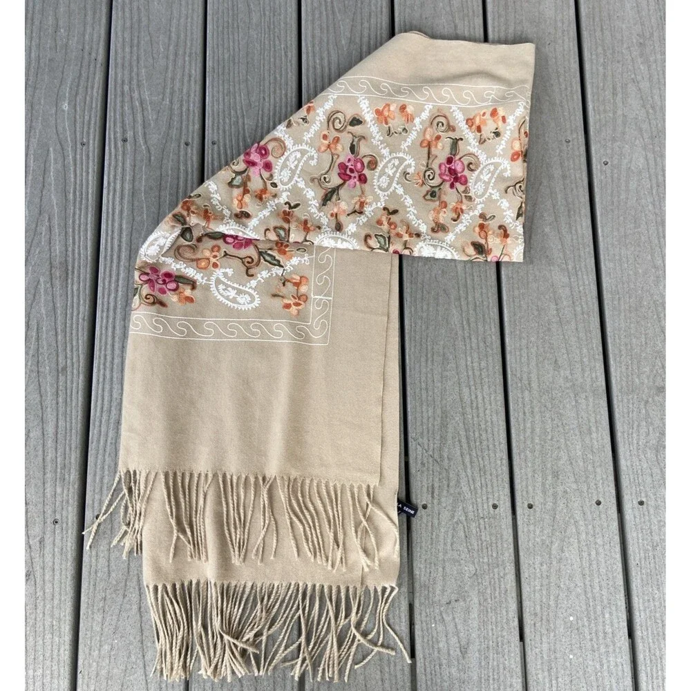 La Seine Embroidered Beige Floral Fringed Oversized Wrap Scarf Soft Luxurious